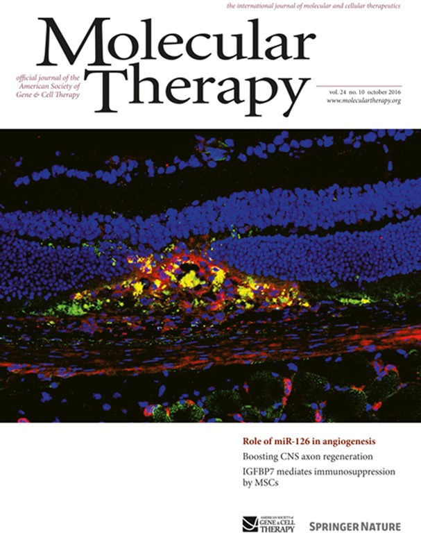 Cover of Molecular Therapy, featuring study using the protocol.